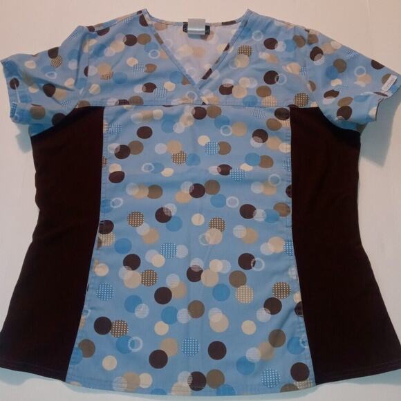 Womens Scrub Top lot of 2 Size L SB Scrubs green Cherokee blue and brown used - Picture 9 of 12